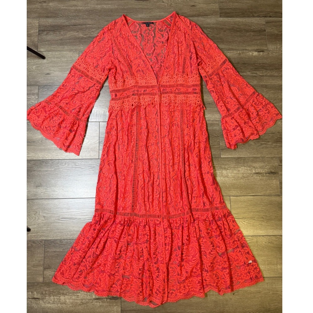 Boston Proper Coral Lace Maxi Dress XL Boho Bell Sleeve Sheer Crochet V-Neck